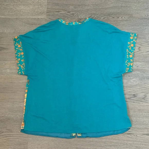 DR2 by Daniel Rainn Boho Floral Print Blouse Size L - Teal/Mustard Yellow - NWT - Picture 3 of 9